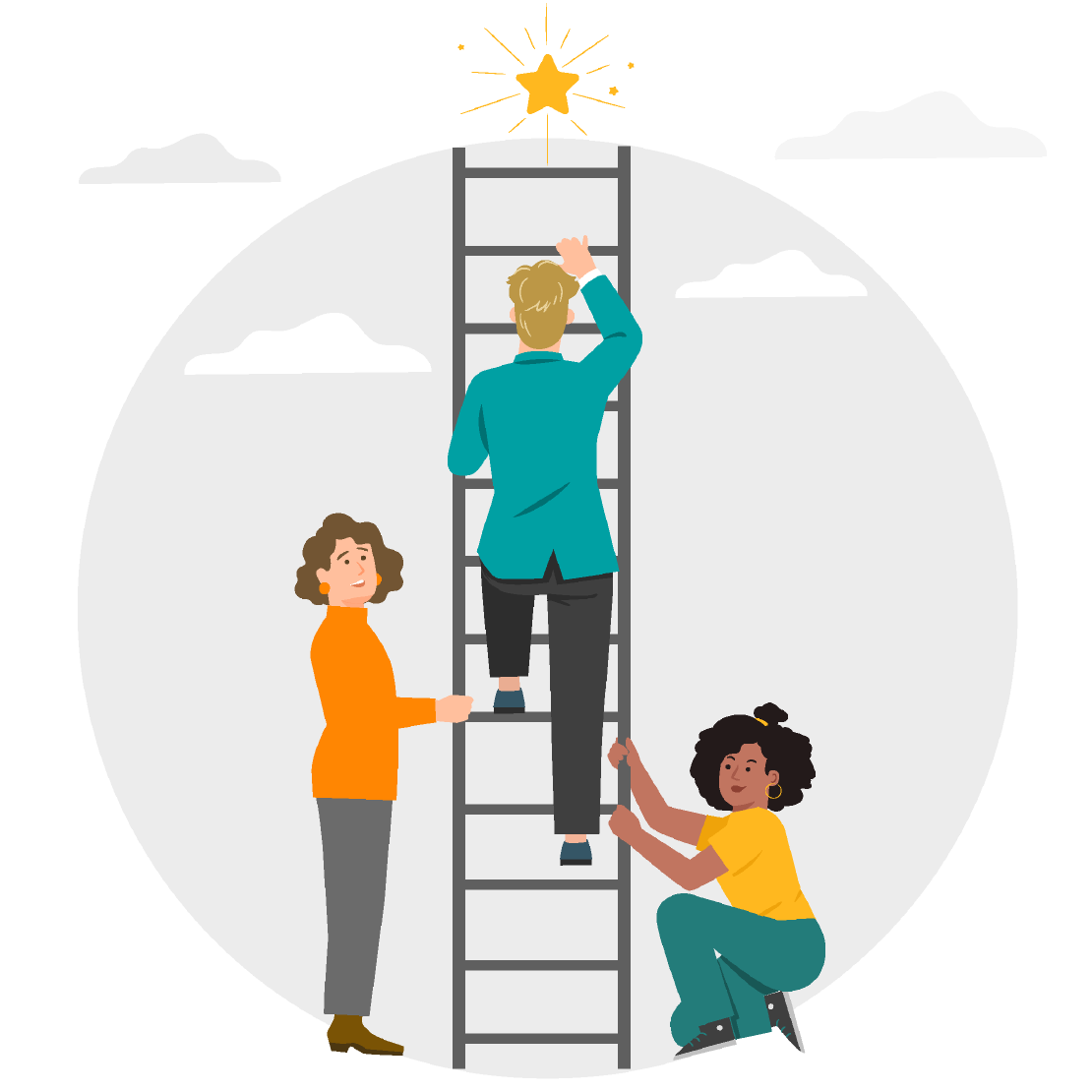 Two women helping a man reach a star by holding a ladder for him.